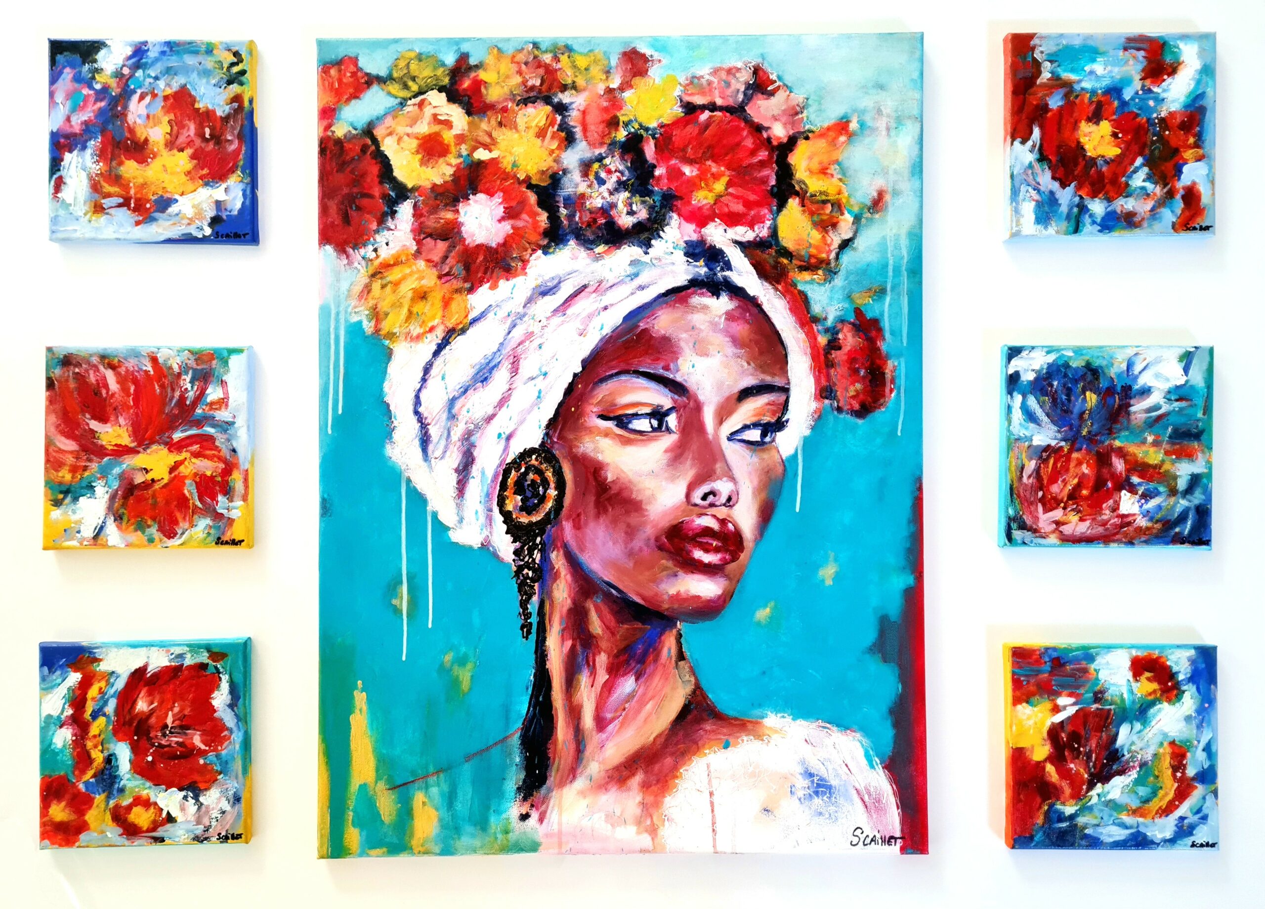 STEPHANIE CAILLET _FLEUR COMPOSITION_ acrylique_ 60x80 et 20x20